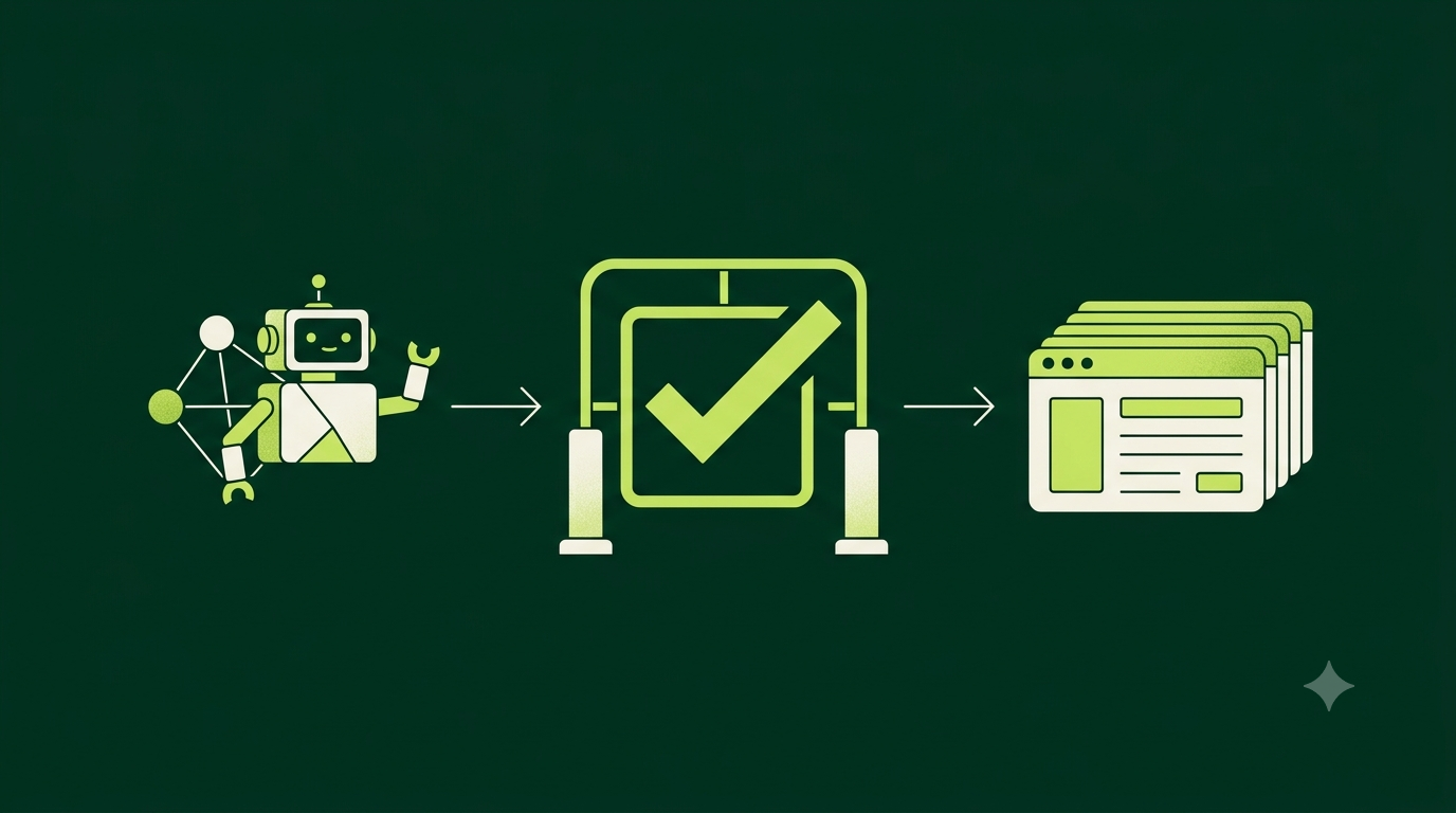 A geometric AI agent proposes a change, a human approval checkpoint with a checkmark sits in the middle, and a stack of CRM record cards receives the approved write.